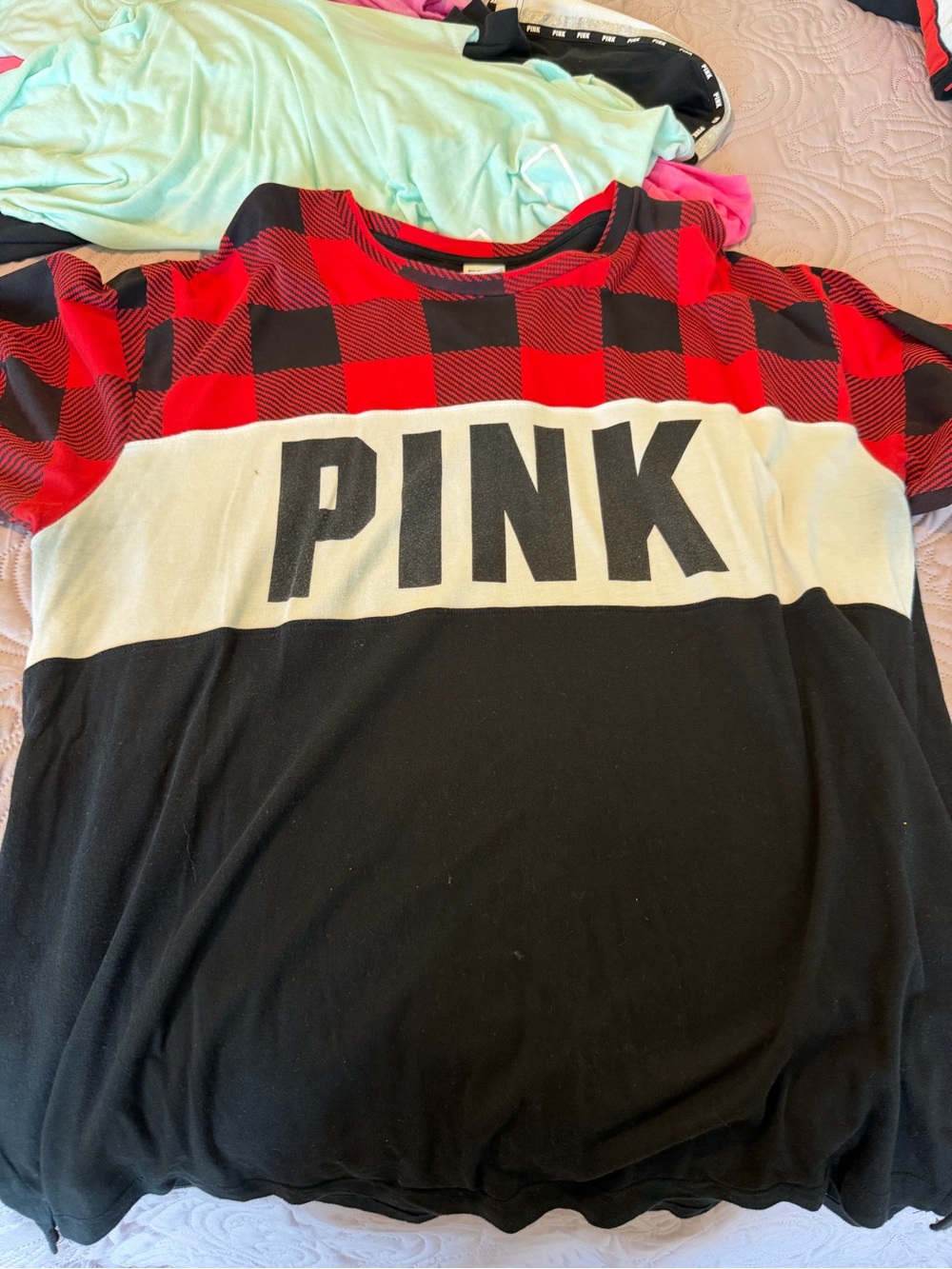 PINK Victoria's Secret Red Buffalo Plaid Colorblock Tee